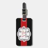 Rot genähtes Band-personalisiertes Girly Monogramm Gepäckanhänger (Vorderseite vertikal)