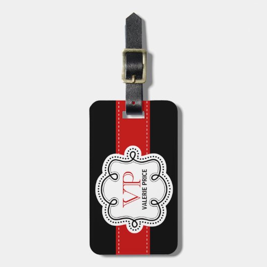 Rot genähtes Band-personalisiertes Girly Monogramm Gepäckanhänger (Vorderseite vertikal)