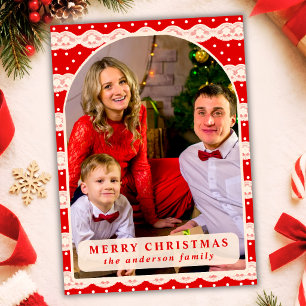 Rot gepunktete Spitzen-Weihnachtsfoto Feiertagskarte