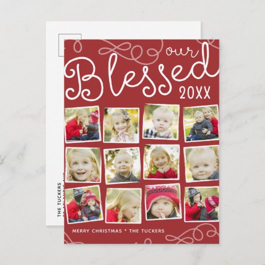 Rot gesegnete Jahr-Bericht-WeihnachtsFoto-Collage Ankündigungspostkarte (Vorne/Hinten)