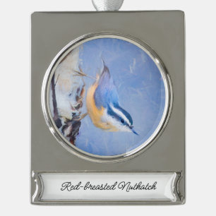 Rot gezapfte Nuthatch Malerei Original Vogelkunst Banner-Ornament Silber