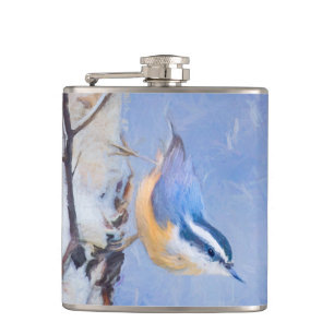 Rot gezapfte Nuthatch Malerei Original Vogelkunst Flachmann