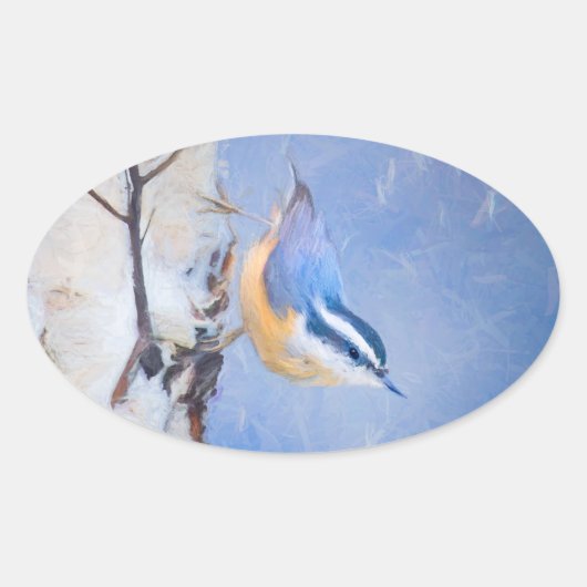Rot gezapfte Nuthatch Malerei Original Vogelkunst Ovaler Aufkleber (Vorderseite)