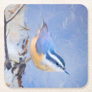 Rot gezapfte Nuthatch Malerei Original Vogelkunst Rechteckiger Pappuntersetzer