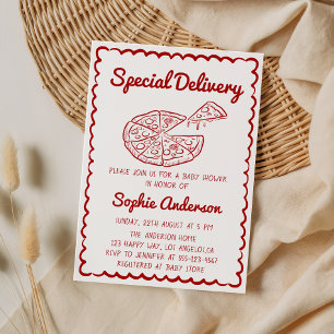 Rot gezeichnete Spezial-Liefer-Pizza-Baby-Party Einladung