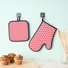 Rot gezeichnetes Doodle-Herzen-Muster auf Pastellf Ofenhandschuh & Topflappen-Set