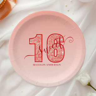 Rot glitzernde Schriftzug Sweet 16 Pappteller