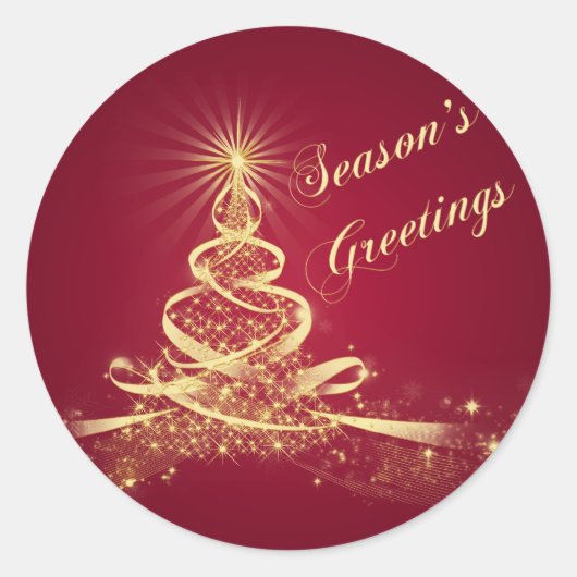 Rot, Gold beleuchtete Tree Season's Grußsticker Runder Aufkleber (Vorderseite)