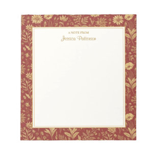 Rot & Gold Blumen-Toile-Muster personalisiert Notizblock