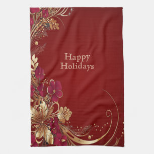 Rot-Gold-Blumen-Weihnachts-Küchenhandtuch Geschirrtuch