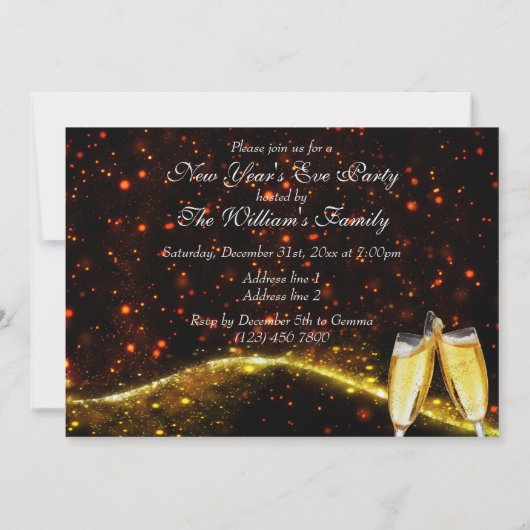 Rot, Gold Champagner und Uhren Silvester Einladung (Rückseite)