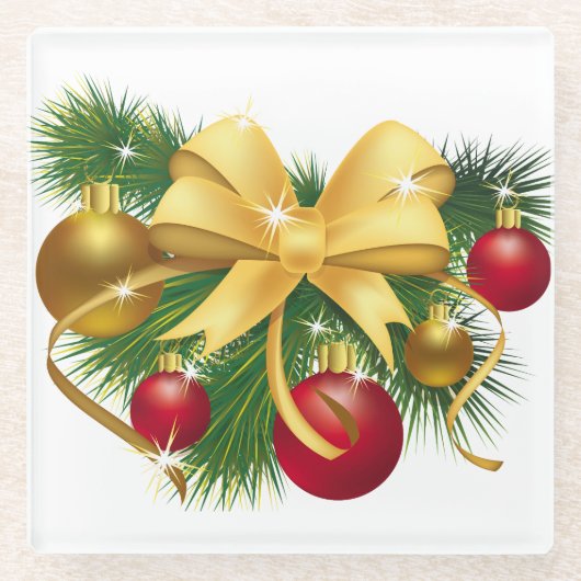 ROT & GOLD CHRISTMAS ORNAMENTS & GOLD BOW GLASUNTERSETZER (Vorderseite)