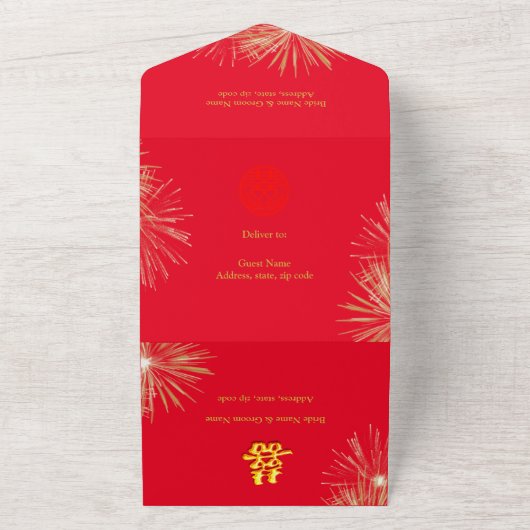 Rot/Gold Doppelglückliche Feuerwerke Hochzeit All In One Einladung (Außenbereich)