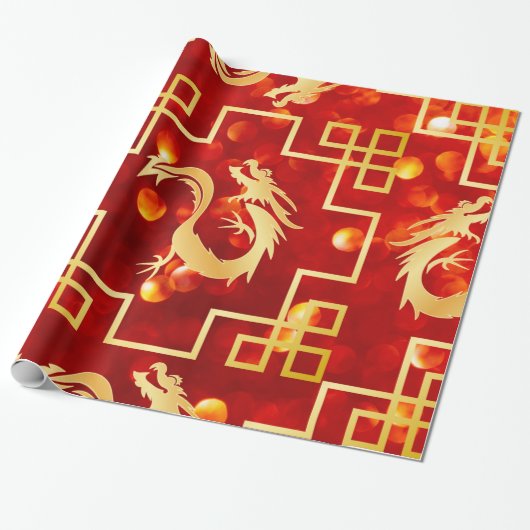Rot-Gold-Drachen-Umschlagpapier Geschenkpapier (Ungerollt)
