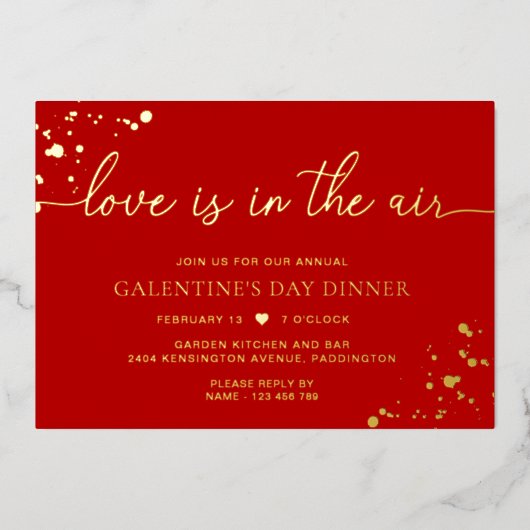 Rot-Gold-farbige Liebe ist in der Luft Folieneinladung (Vorderseite)