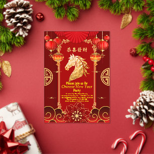 Rot & Gold Festives Chinesisches Jahr des Pferdes Acryleinladungen