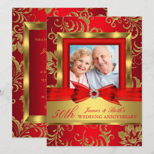 Rot Gold Floral Foto 50. Hochzeitstag Einladung