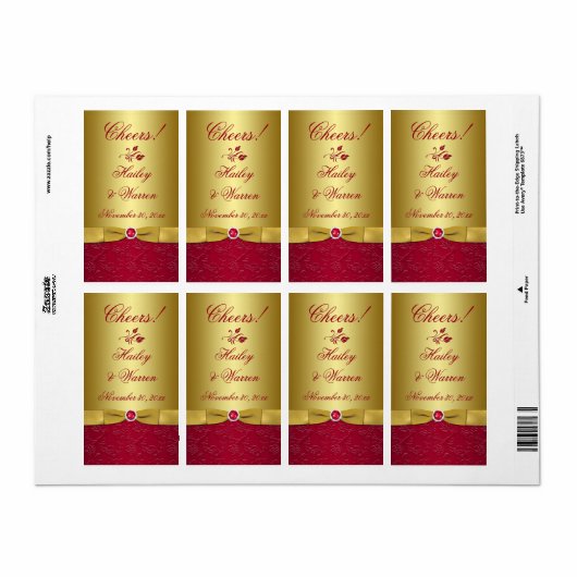 Rot, Gold, florenbedrucktes RIBBON Hochzeitslabel (Vorne)