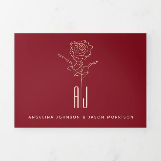 Rot & Gold Foto Tri-Fold Hochzeit Einladung (Cover)