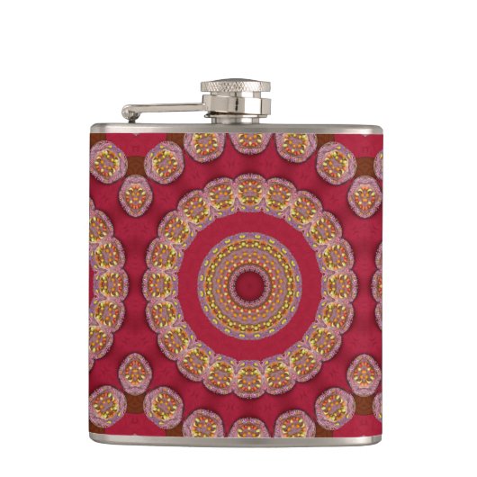 Rot Gold Gelbe Rosetten Mandala Flachmann (Vorderseite)