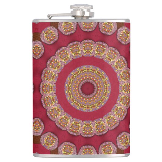 Rot Gold Gelbe Rosetten Mandala Flachmann (Vorderseite)