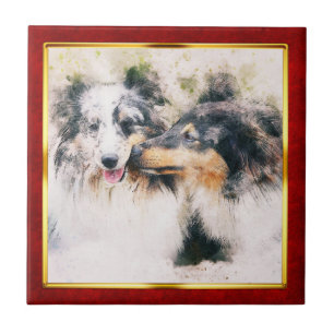 Rot & Gold gerahmter abstrakter Hundedruck Fliese
