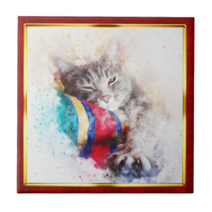 Rot & Gold gerahmter abstrakter Katzenprint Fliese