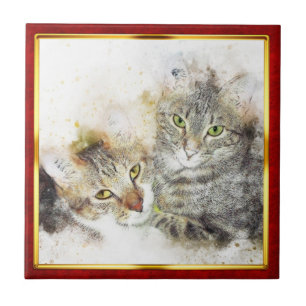 Rot & Gold gerahmter abstrakter Katzenprint Fliese