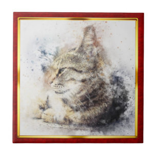 Rot & Gold gerahmter abstrakter Katzenprint Fliese