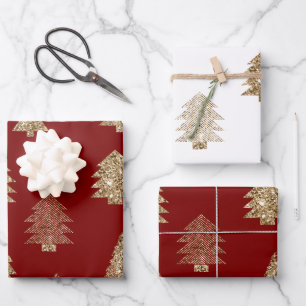 Rot Gold Glitter Glamour Weihnachtsbäume Geschenkpapier Set