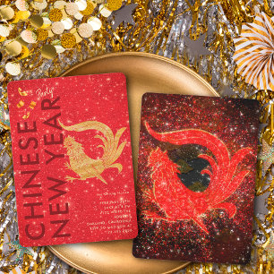 Rot Gold Glitter Hahn Mondneujahrsfeier Einladung
