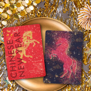 Rot Gold Glitter Pferd Mondneujahrsfeier Einladung