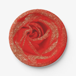 Rot Gold Glitter Rose Weiß Holz Shabby Chic Pappteller
