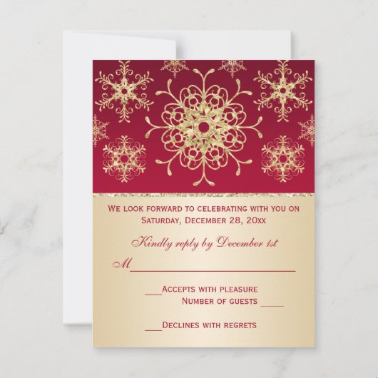Rot, Gold Glitzer sieht Schneeflocken RSVP-Karte a RSVP Karte (Rückseite)