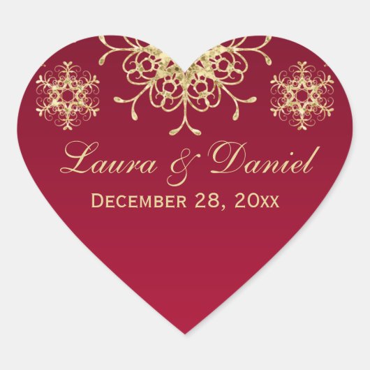 Rot, Gold Glitzer sieht Snowflake Hochzeitsticker Herz-Aufkleber (Vorderseite)