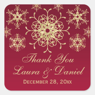 Rot, Gold Glitzer sieht Snowflake Hochzeitsticker Quadratischer Aufkleber