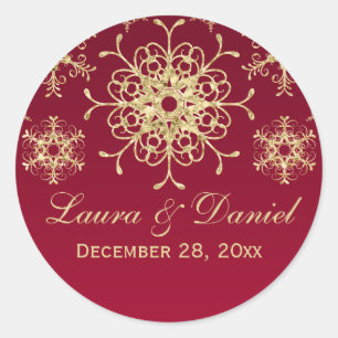Rot, Gold Glitzer sieht Snowflake Hochzeitsticker Runder Aufkleber