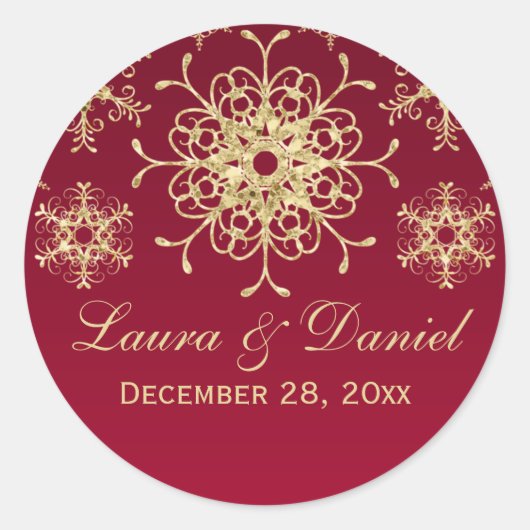 Rot, Gold Glitzer sieht Snowflake Hochzeitsticker Runder Aufkleber (Vorderseite)