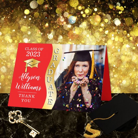 Rot | Gold Graduate Wave Grad Cap Foto Dankeskarte