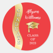 Rot | Gold Graduate Wave Grad Cap Runder Aufkleber (Vorderseite)