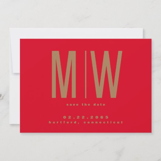Rot & Gold große Monogramm-Hochzeit Save the Date (Vorderseite)