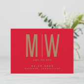 Rot & Gold große Monogramm-Hochzeit Save the Date (Stehend Vorderseite)