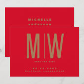 Rot & Gold große Monogramm-Hochzeit Save the Date (Vorne/Hinten)