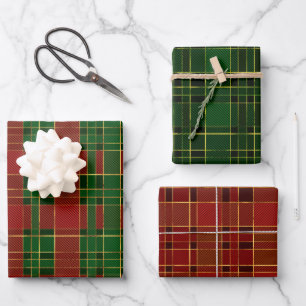Rot, Gold & Grün Winter Weihnachten Karomuster Geschenkpapier Set