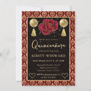 Rot & Gold Herz Damast & Rose Quinceanera Einladung