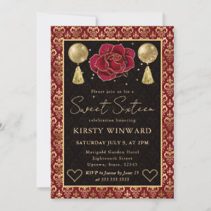Rot & Gold Herz Damast & Rose Sweet 16 Einladung