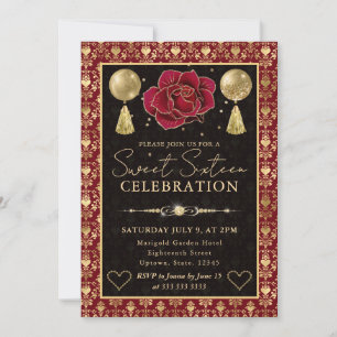 Rot & Gold Herz Damast & Rose Sweet Sixteen Einladung