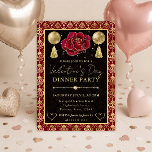 Rot & Gold Herz Damast & Rose Valentins Dinner Einladung