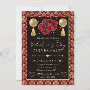 Rot & Gold Herz Damast & Rose Valentins Dinner Einladung