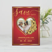 Rot-Gold-Hochzeitstheater-Foto im Herzen Save The Date (Stehend Vorderseite)